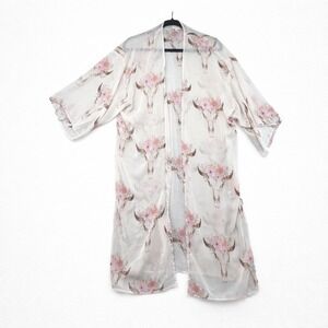 Pink Owl Kimono Duster Cardigan Floral Bull Skull Bohemian Festival Cover Up